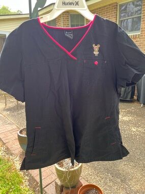 tokidoki Black Short Sleeve Scrub Top with Pink Trim and Character Patch